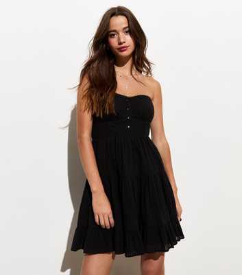 Black Cotton Bandeau Lace Trim Mini Dress