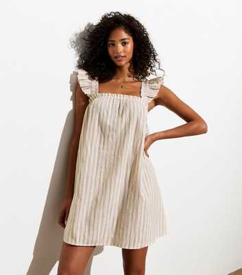Brown Frill Trim Cotton-Linen Blend Mini Dress 