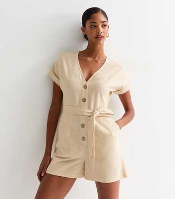 Stone Button Front Belted Playsuit