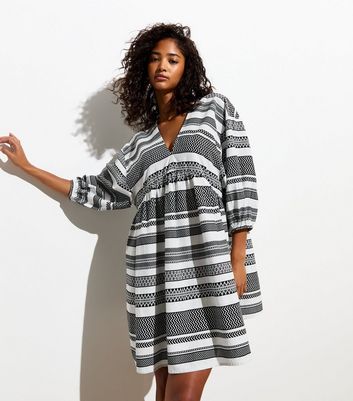 Black Cotton Chevron-Stripe Mini Smock Dress | New Look