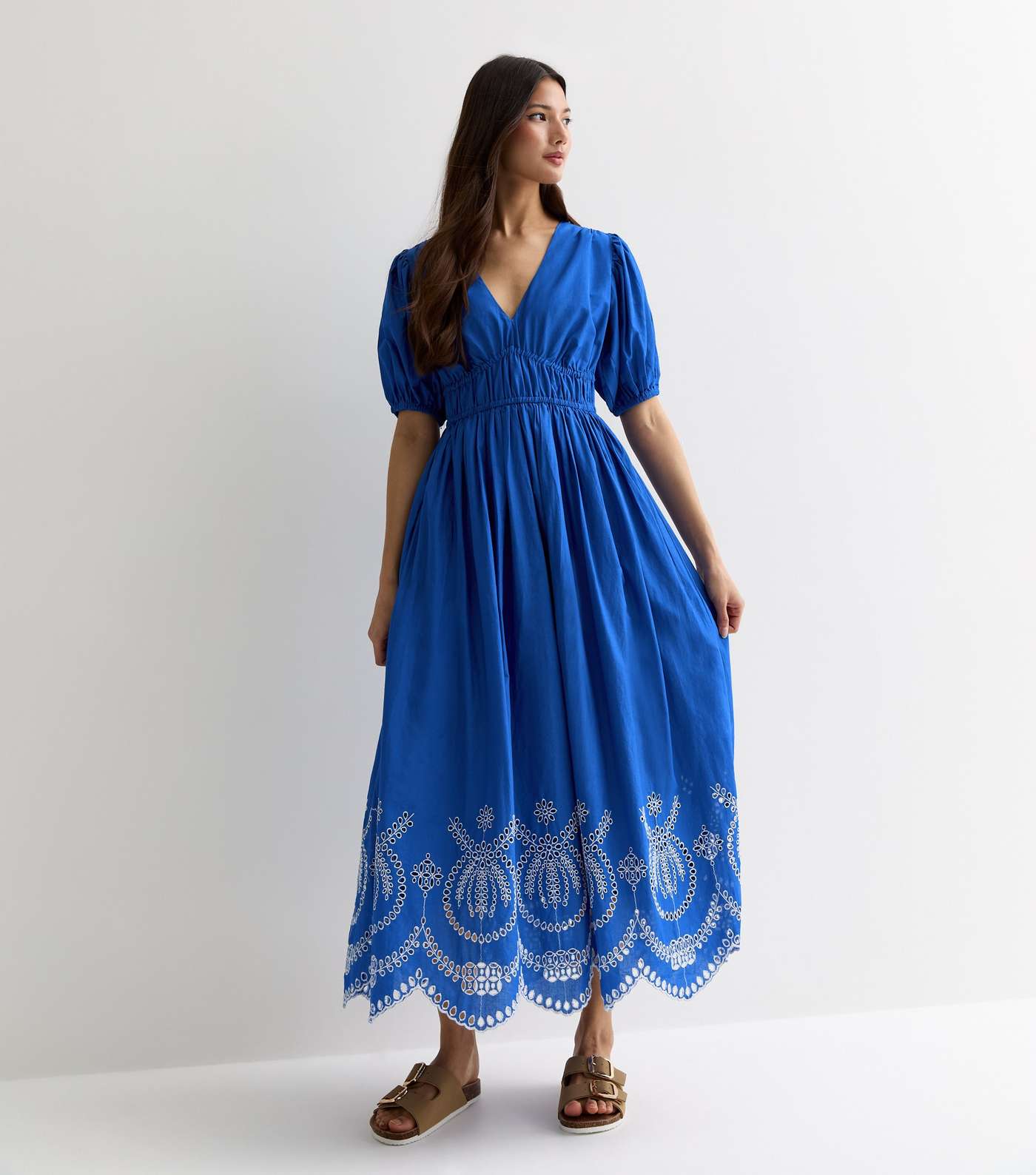 Bright Blue Cotton Broderie Hem Midi Dress Image 3