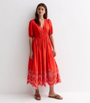Red Cotton Broderie Hem Midi Dress New Look