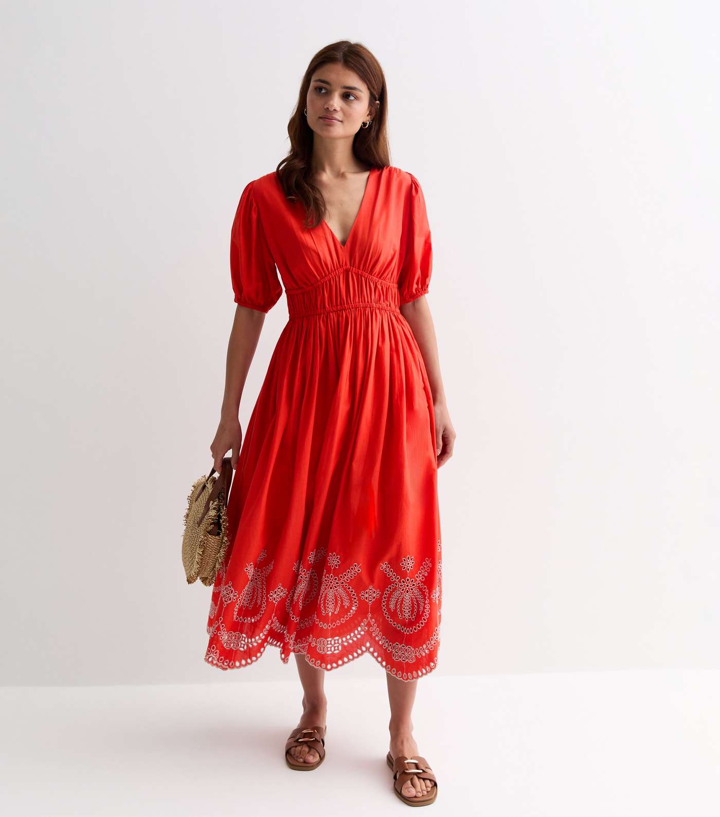 Red Cotton Broderie Hem Midi Dress Image 3