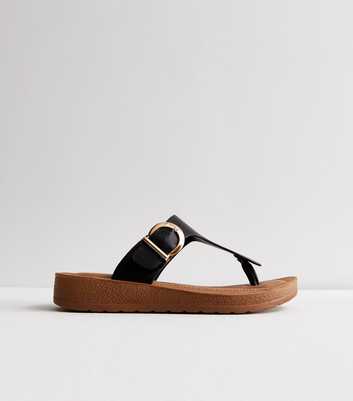 Wide Fit Black Leather-Look Toe Post Sandals