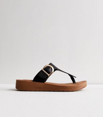 Wide Fit Black Leather Look Toe Post Sandals