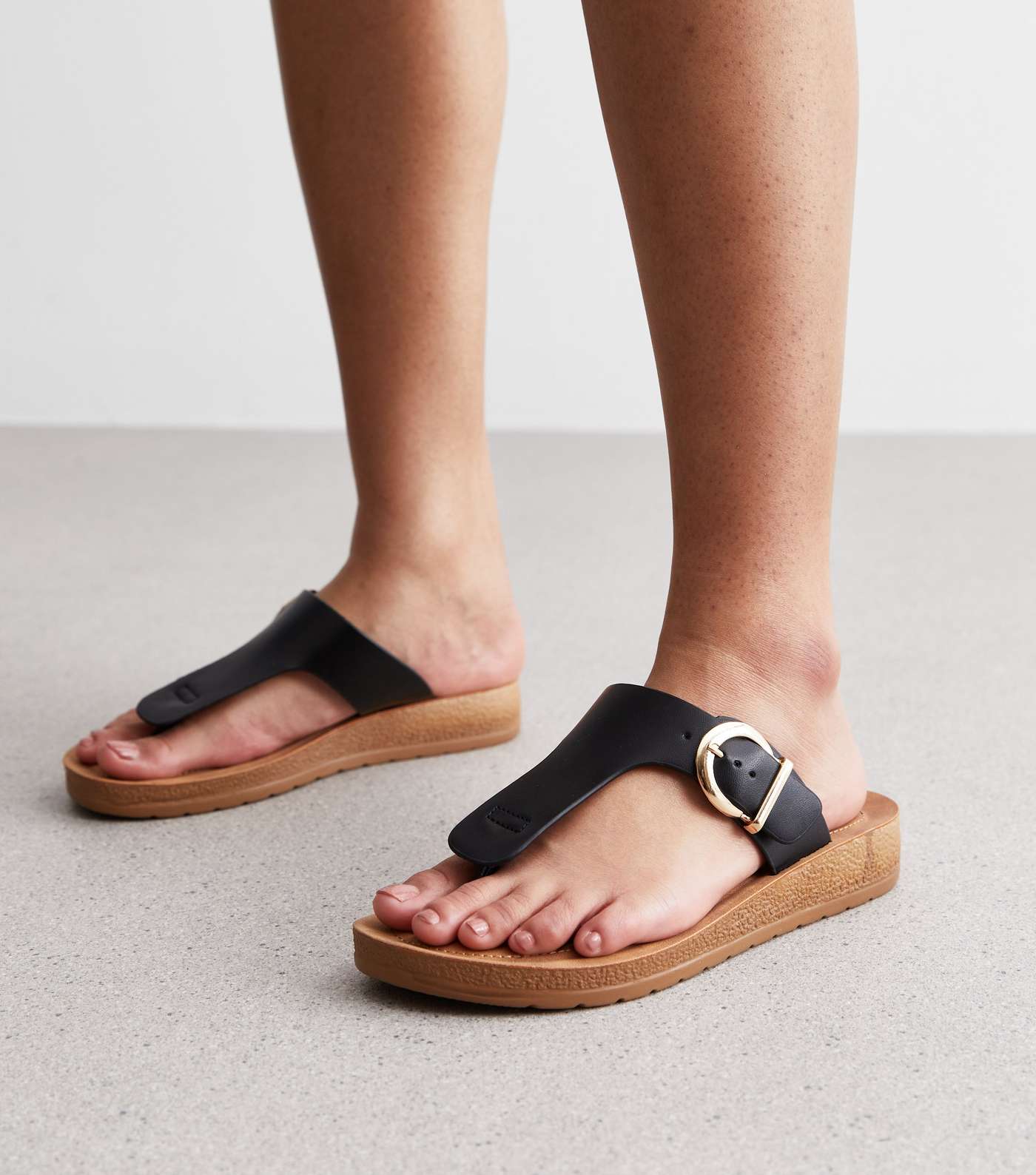 Wide Fit Black Leather-Look Toe Post Sandals Image 2