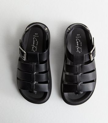 Wide Fit Black Leather-Look Fisherman Sandals New Look