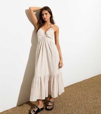 White Stripe Cotton-Blend Print Halter Strap Tiered Midi Dress 