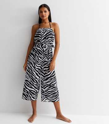 Black Zebra Print Bandeau Belted Wide Leg Jumpsuit