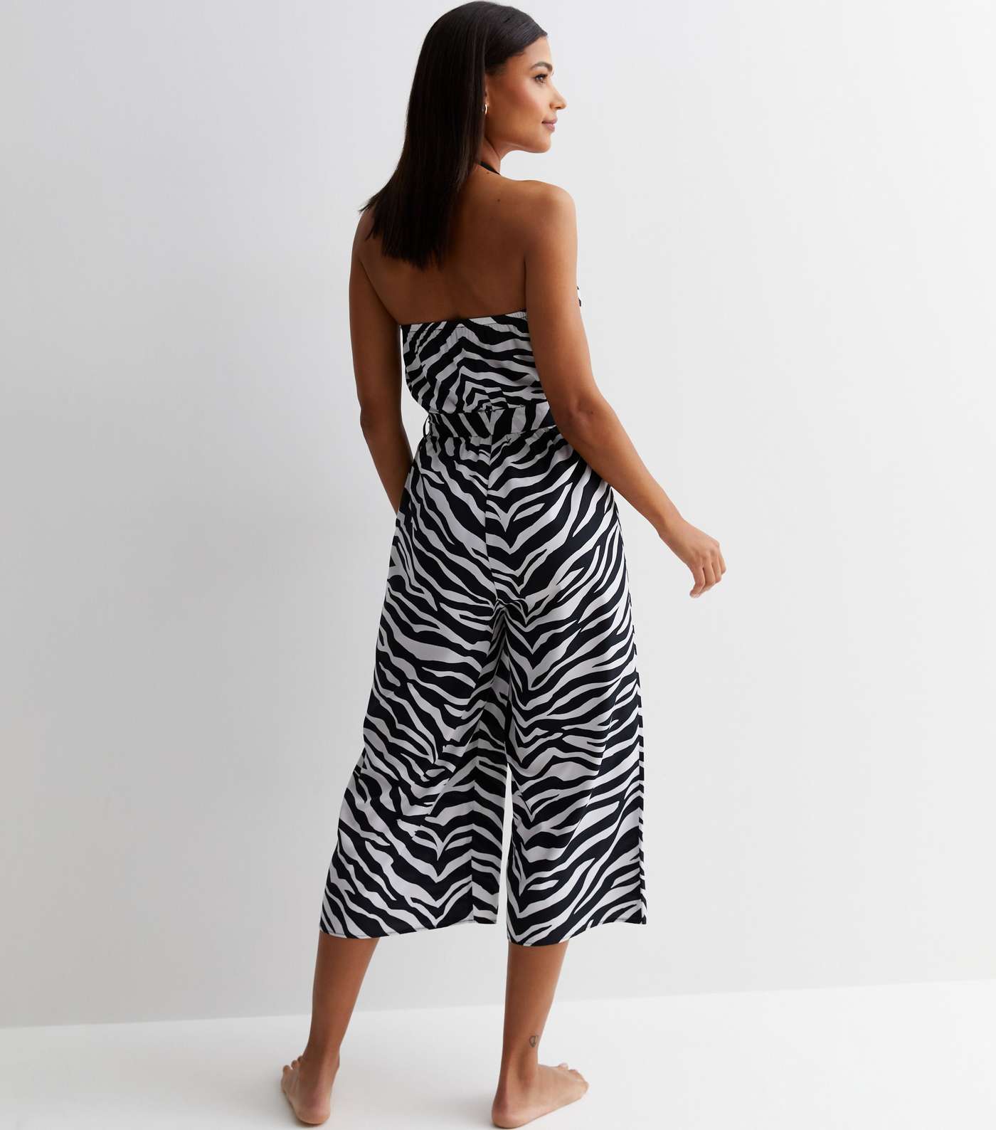 Black Zebra Print Bandeau Belted Wide Leg Jumpsuit Image 4