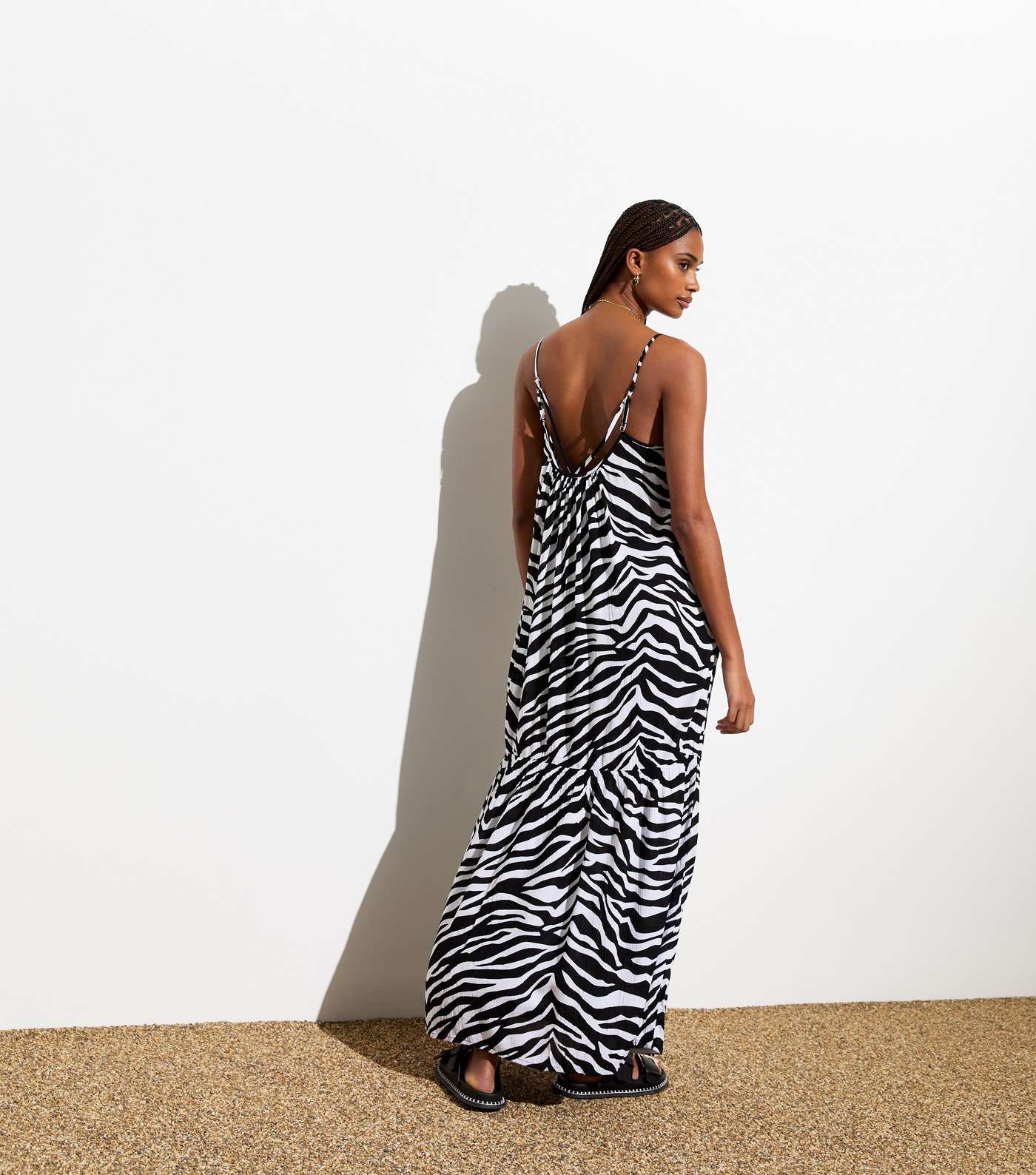 Black Zebra Print Crinkle Maxi Beach Dress Image 4