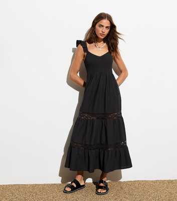 Black Frill-Strap Midi Dress