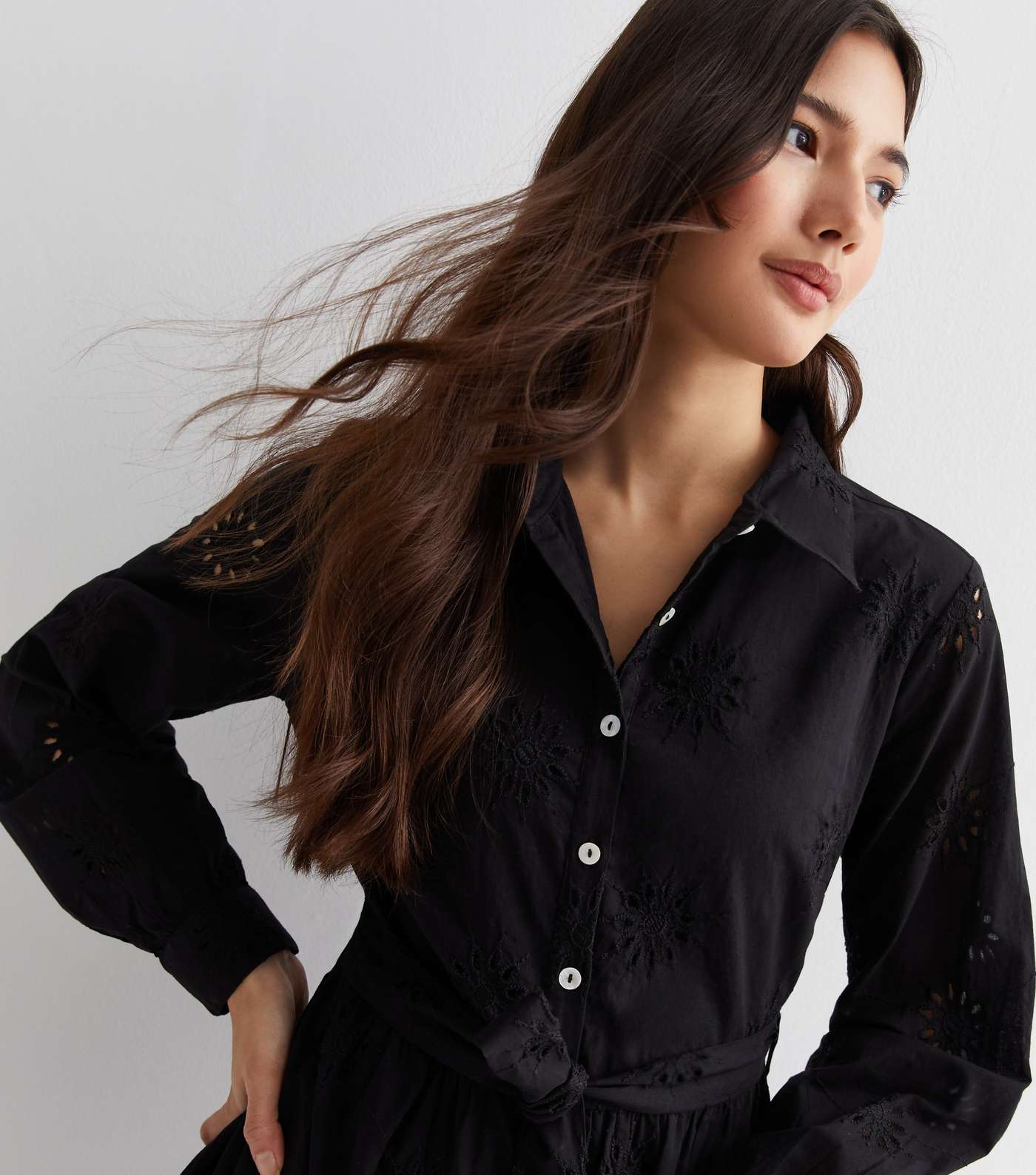 Black Cotton Flower Broderie Belted Midi Shirt Dress Image 2