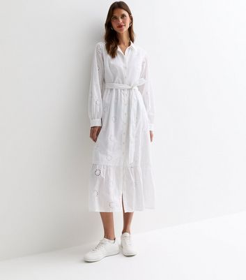 White Cotton Flower Broderie Belted Midi Shirt Dress New Look