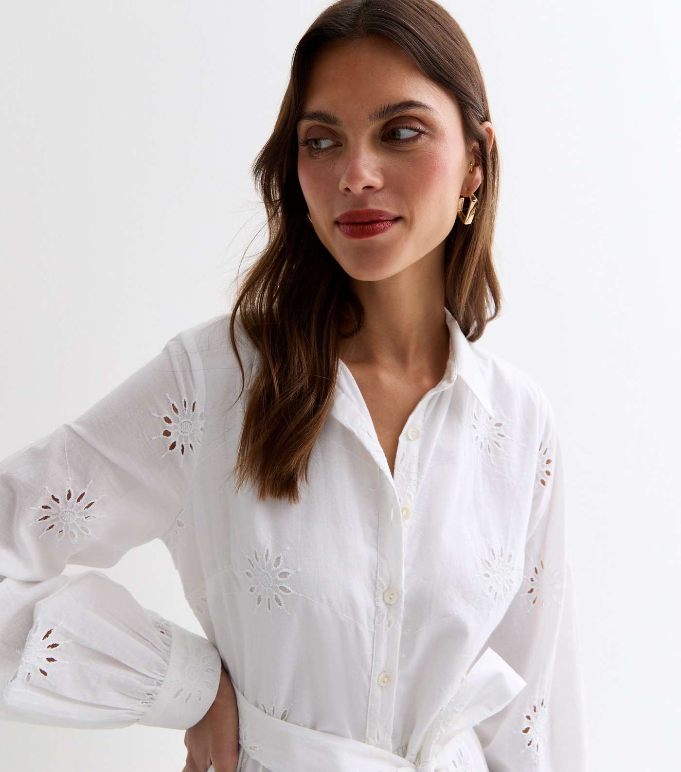 White Cotton Flower Broderie Belted Midi Shirt Dress Image 2