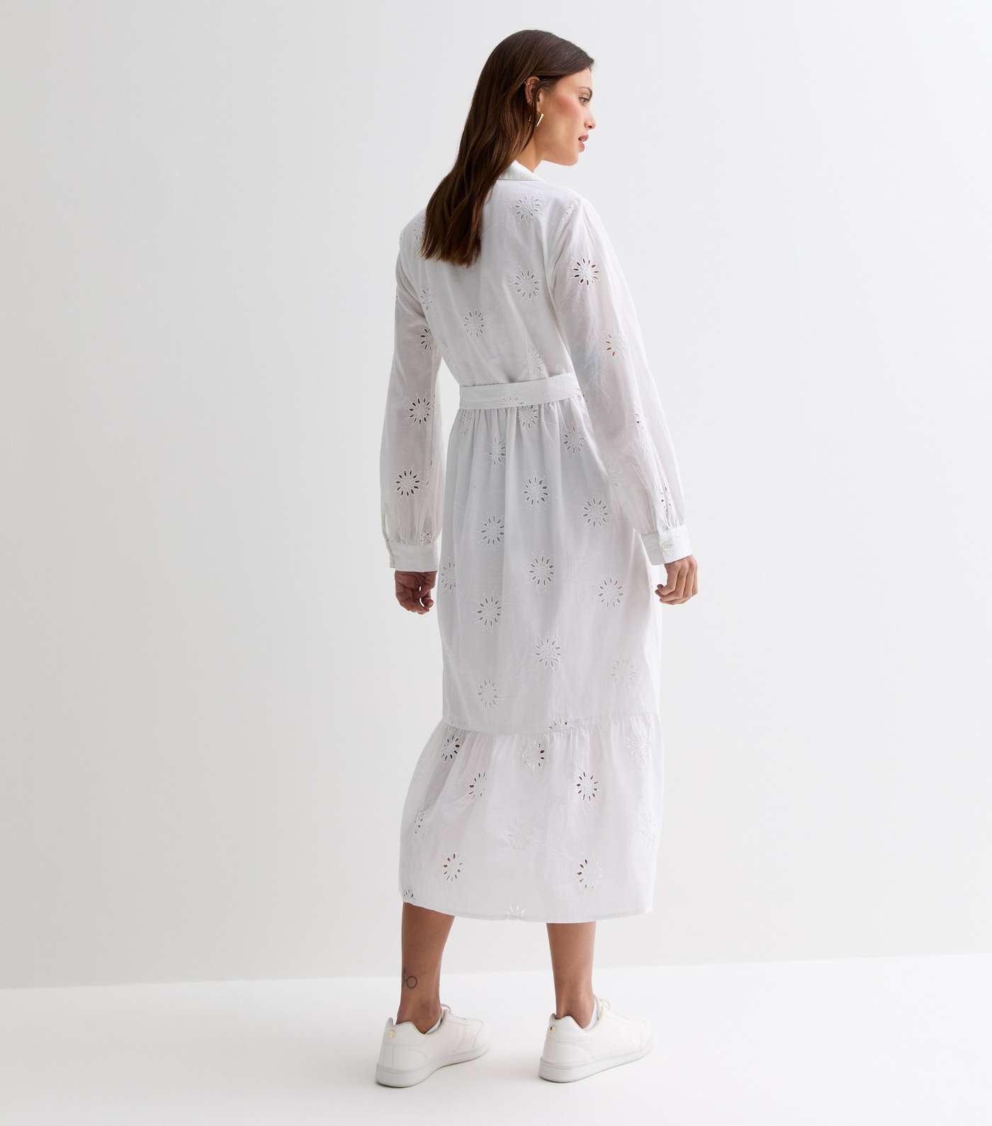 White Cotton Flower Broderie Belted Midi Shirt Dress Image 4