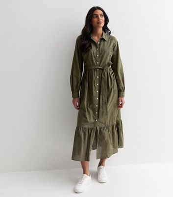 Olive Cotton Flower Broderie Belted Midi Shirt Dress New Look