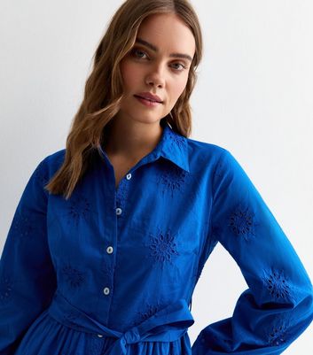 Blue Cotton Flower Broderie Belted Midi Shirt Dress New Look