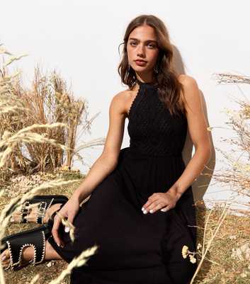 Black Cotton-Blend Halter Crochet Midi Dress