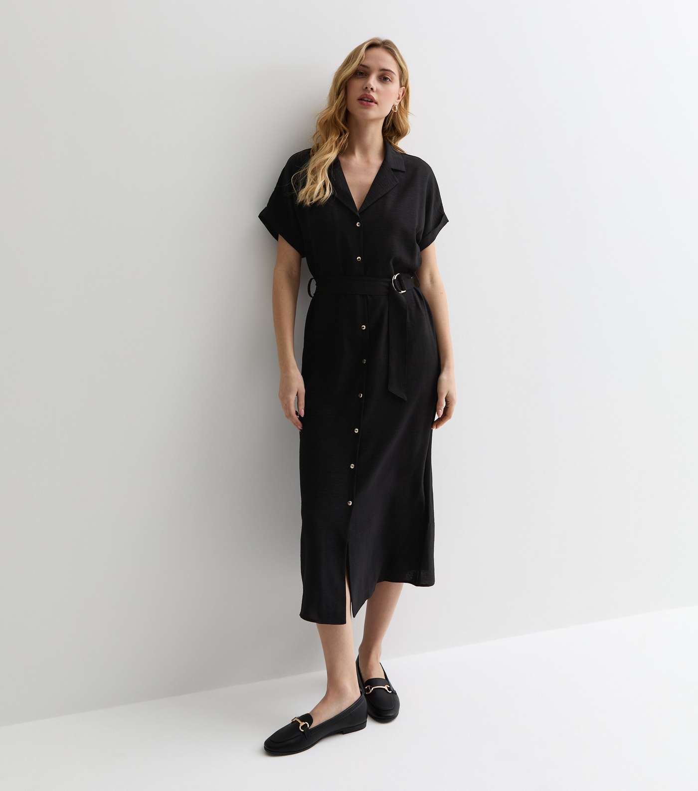 Black Short Sleeve Midi Shirt Dress Image 3