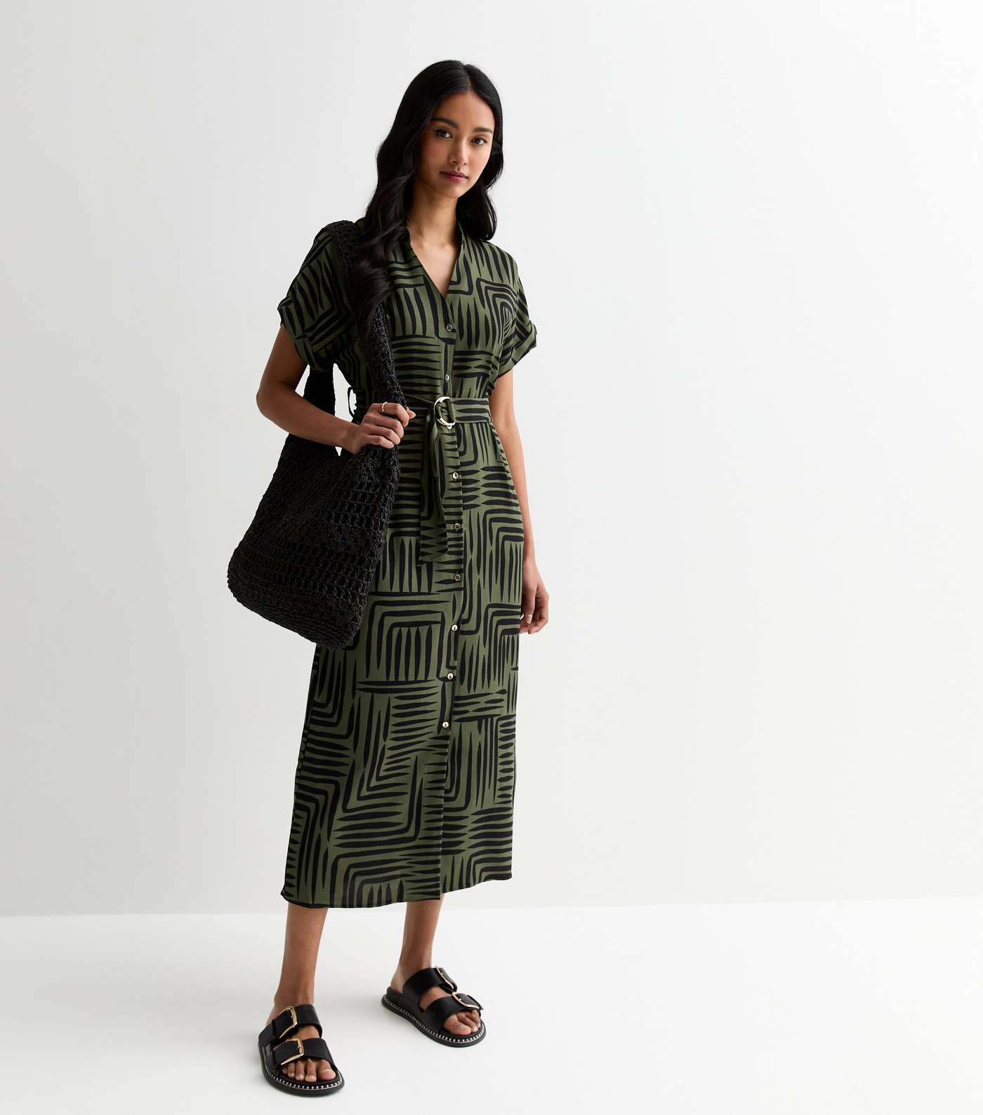 Green Abstract Print Short Sleeve Belted Midi Dress