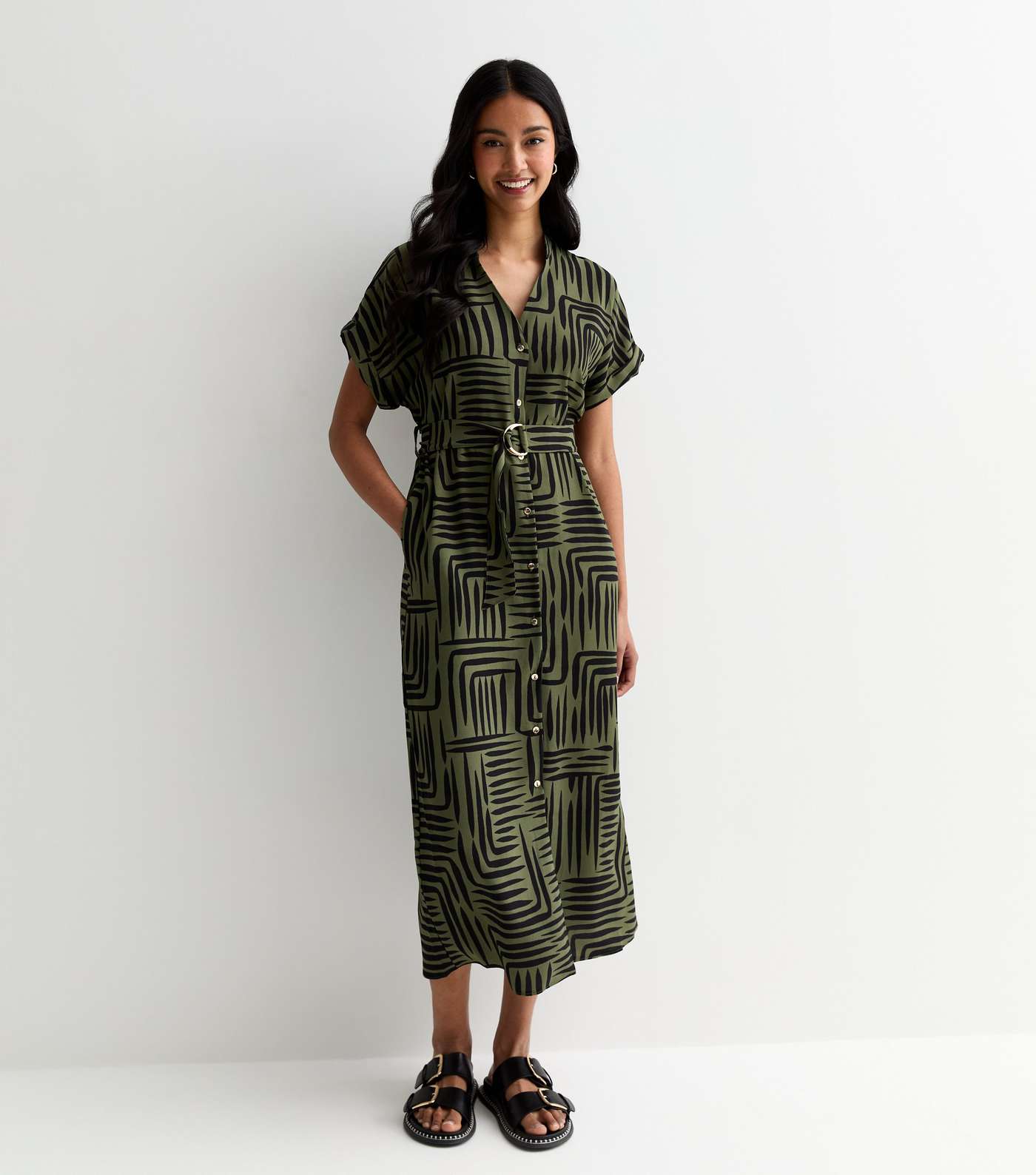 Green Abstract Print Short Sleeve Belted Midi Dress Image 3