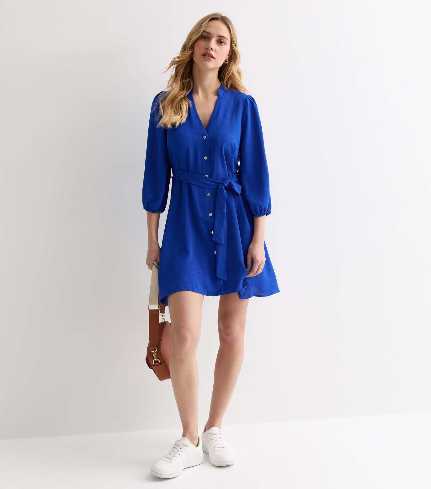 Blue Grandad Collar Mini Shirt Dress Image 3