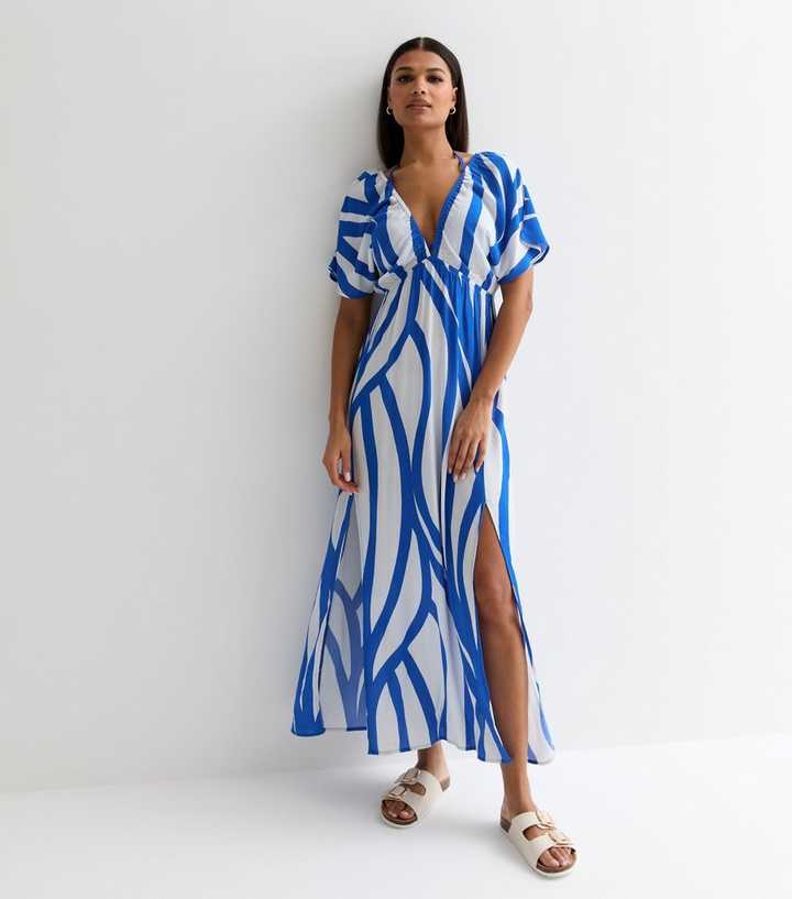 Blue Abstract Print Short Sleeve Maxi Beach Dress