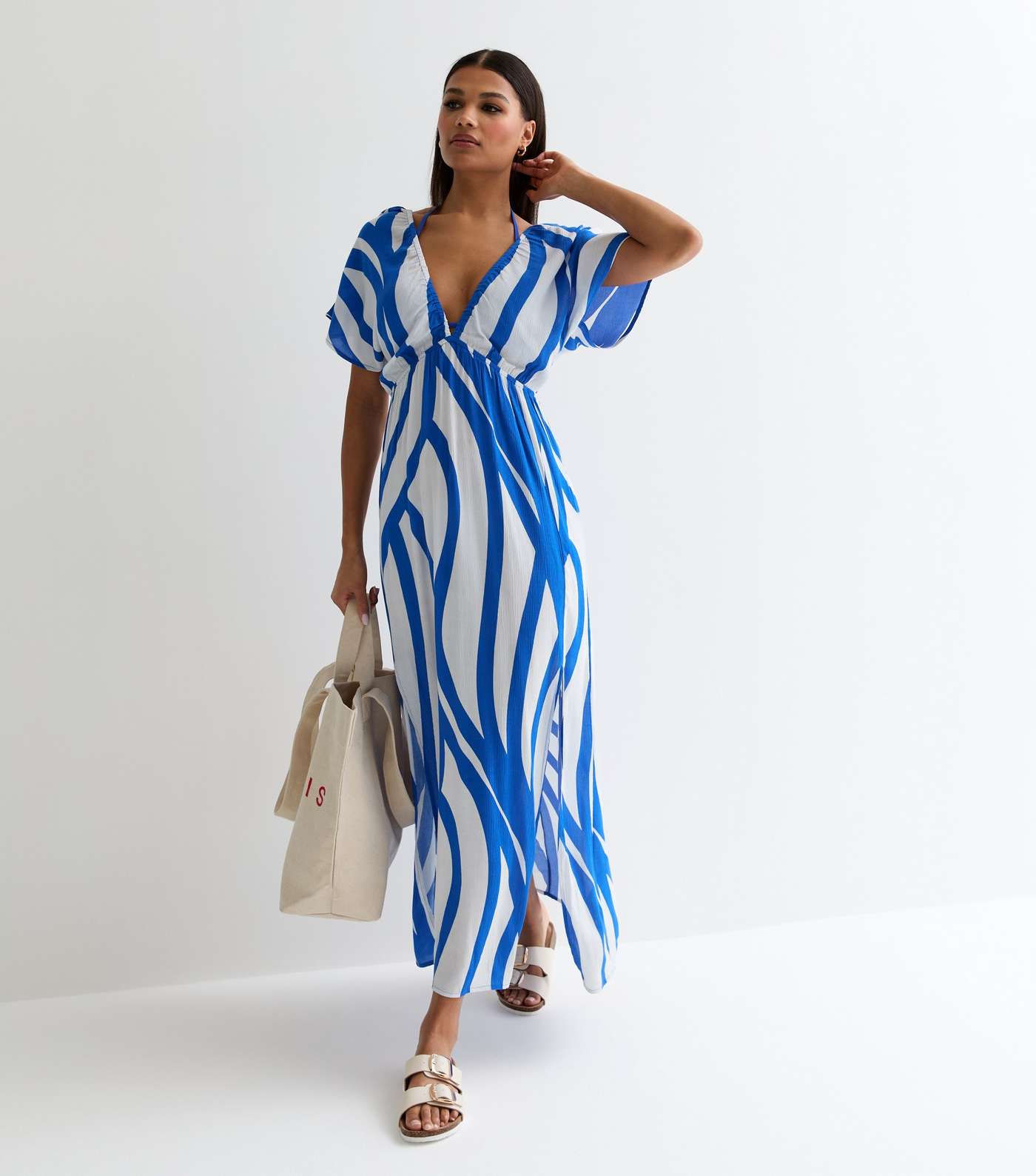 Blue Abstract Print Short Sleeve Maxi Beach Dress Image 3