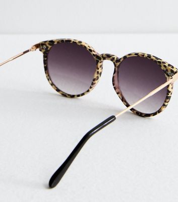 Black Leopard Print Round Sunglasses New Look