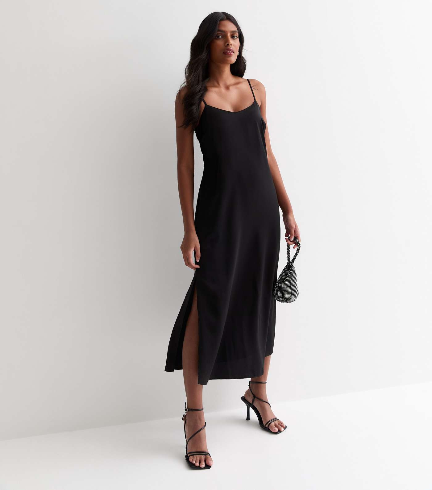 Black Satin Split Hem Midi Slip Dress Image 3