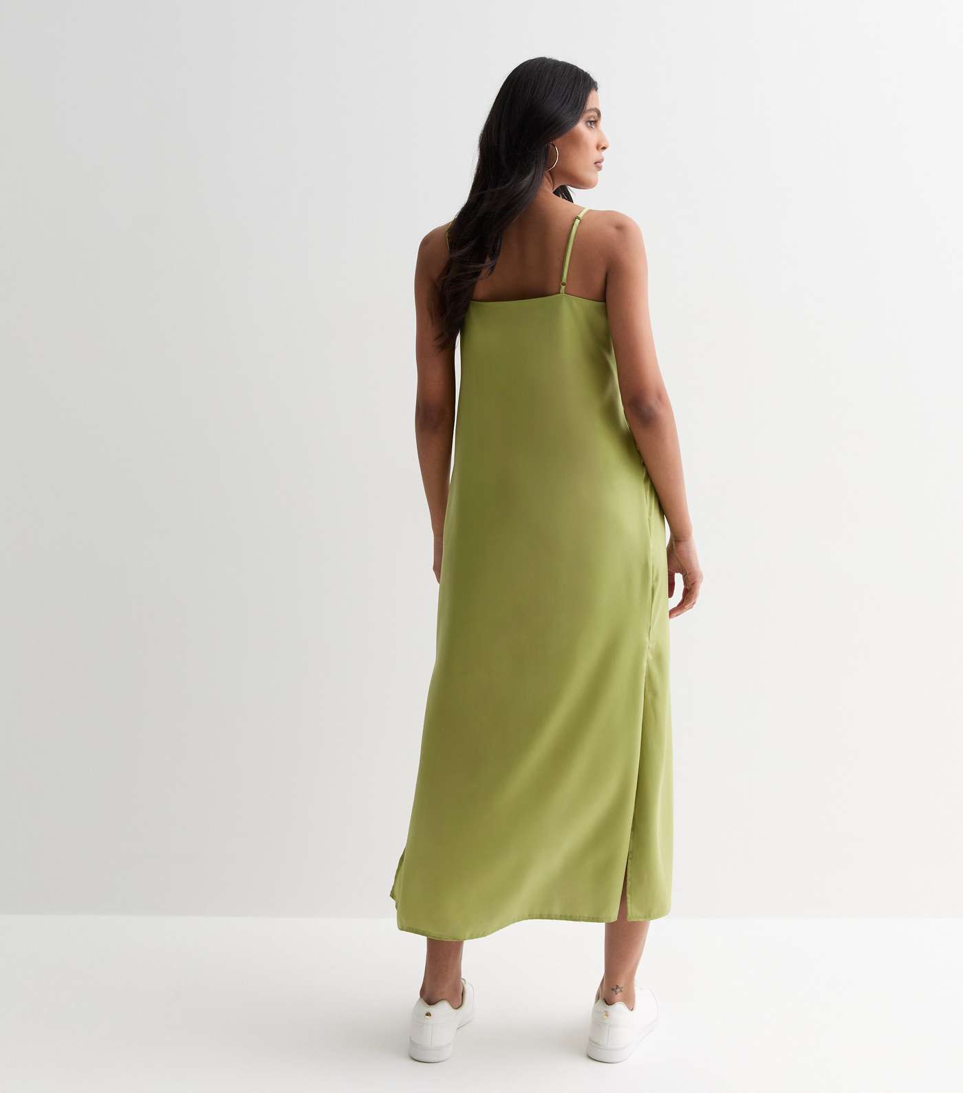 Green Satin Split Hem Midi Slip Dress Image 4