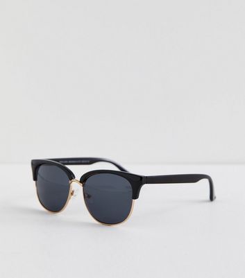 Black Half Rim Round Sunglasses New Look