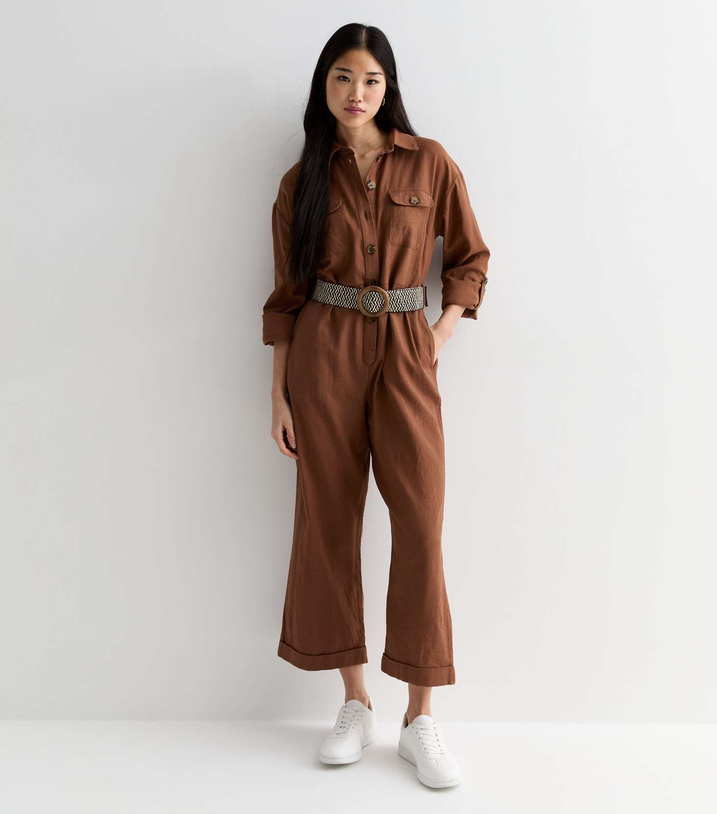 Rust Cotton Belted Utility Crop Jumpsuit Image 3