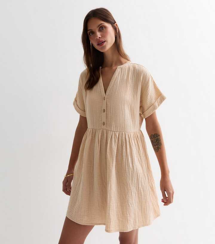 Stone Crinkle Cotton Mini Smock Dress | New Look Stone Crinkle Cotton Mini Smock Dress | New Look