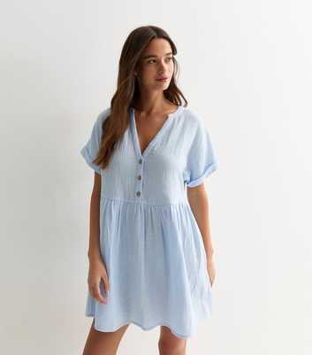 Blue Crinkle Cotton Mini Smock Dress