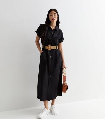 Black Short Sleeve Belted Utility Midi Shirt Dress New Look