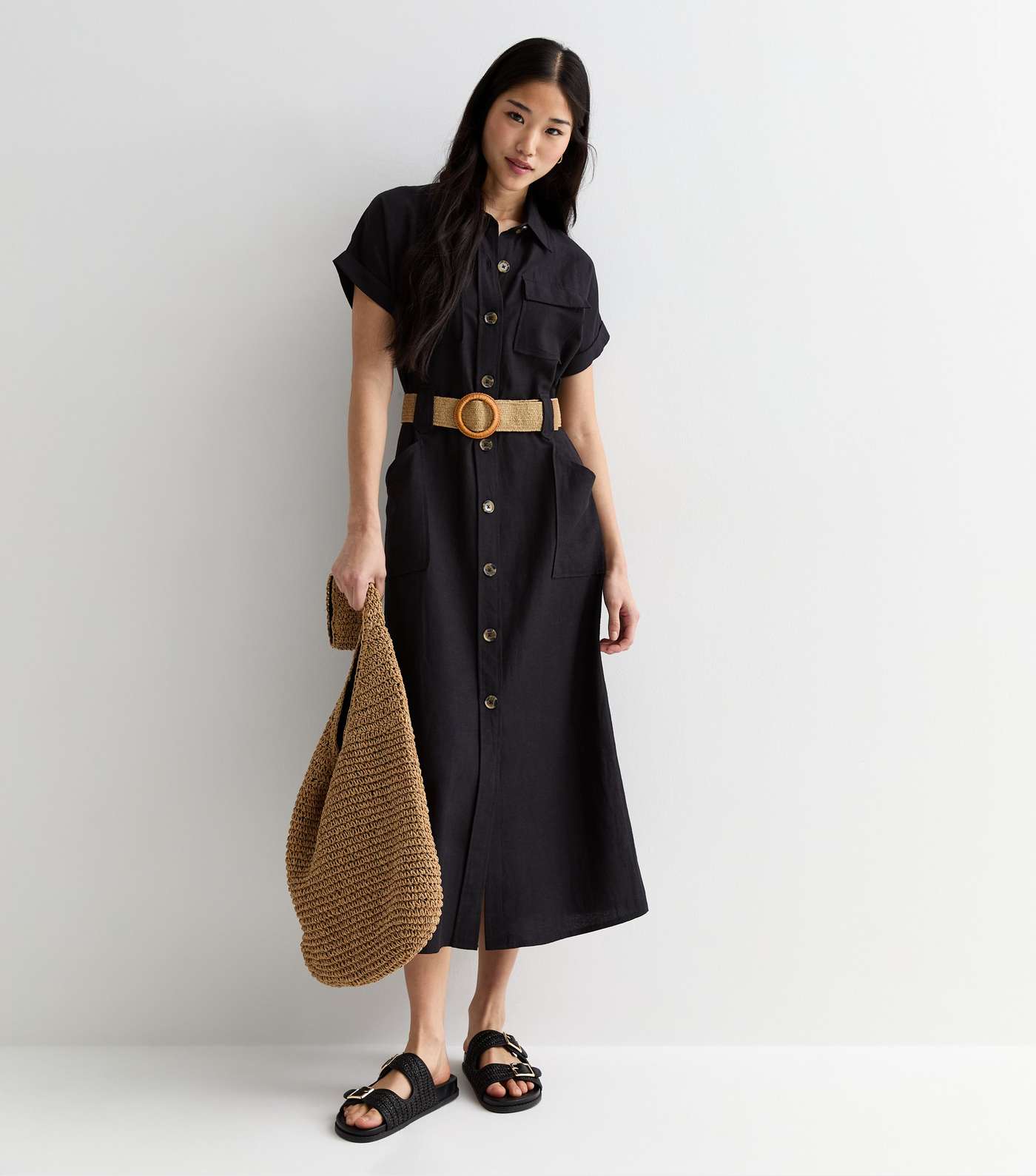 Black Short Sleeve Belted Utility Midi Shirt Dress Image 3