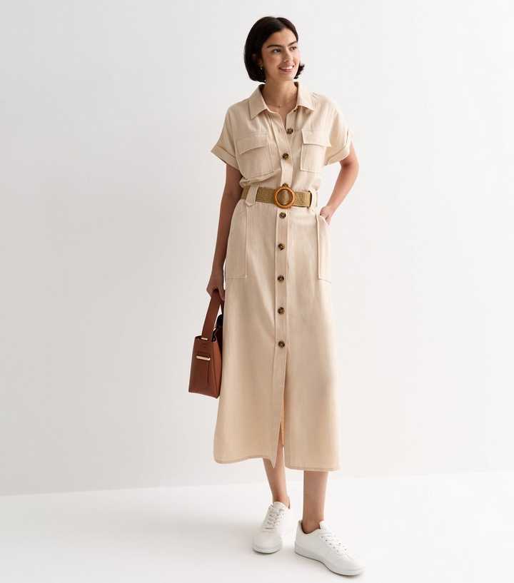 Stone Short Sleeve Belted Utility Midi Shirt Dress