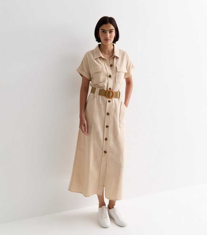 Stone Short Sleeve Belted Utility Midi Shirt Dress | New Look