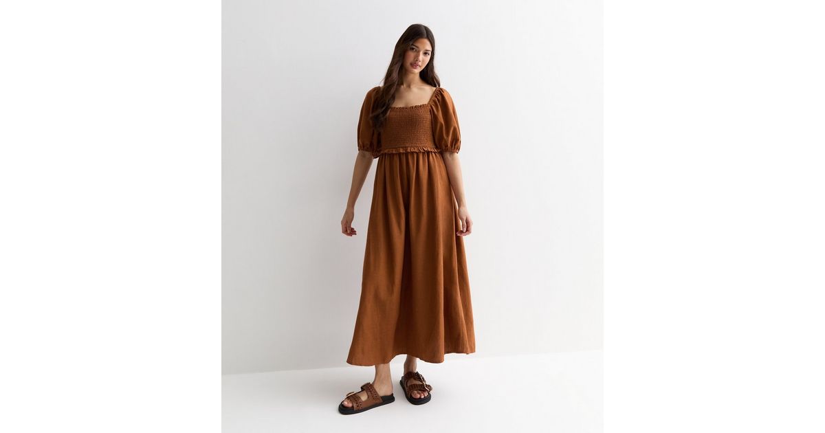Rust Square Neck Shirred Midi Dress | New Look