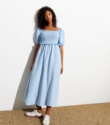 Light Blue Square Neck Shirred Midi Dress | New Look