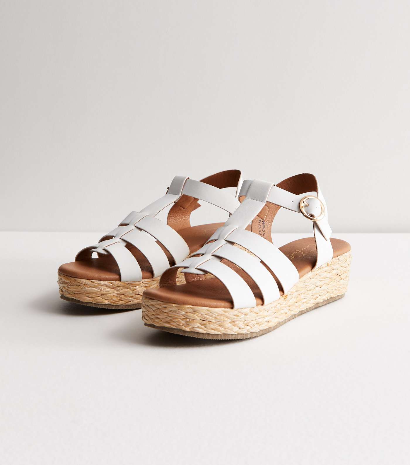 White Leather-Look Gladiator Espadrille Flatform Sandals Image 3