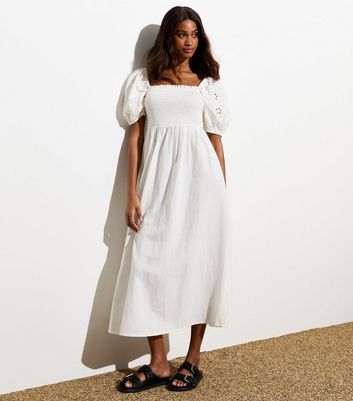 White Square Neck Broderie Puff Sleeve Midi Dress New Look