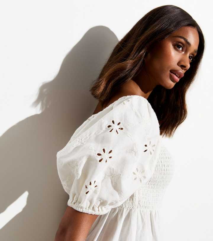 White Square Neck Embroidered Puffed Sleeve Midi Dress | New Look