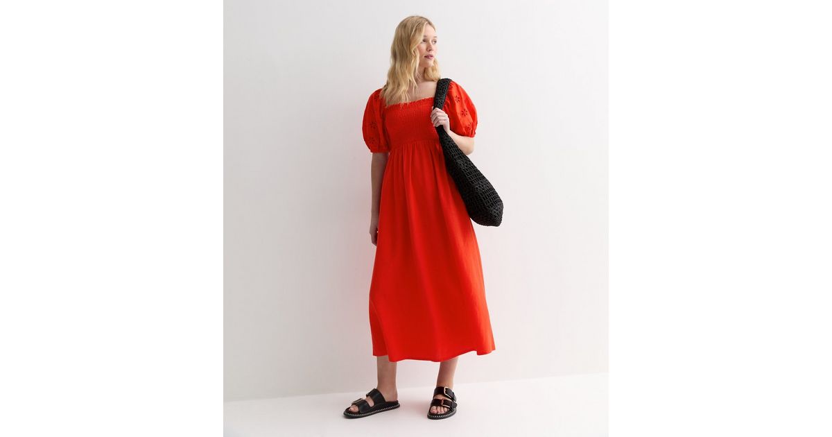 Red Heart Print Bodycon Midi Dress with Square Neck & Puff Sleeves