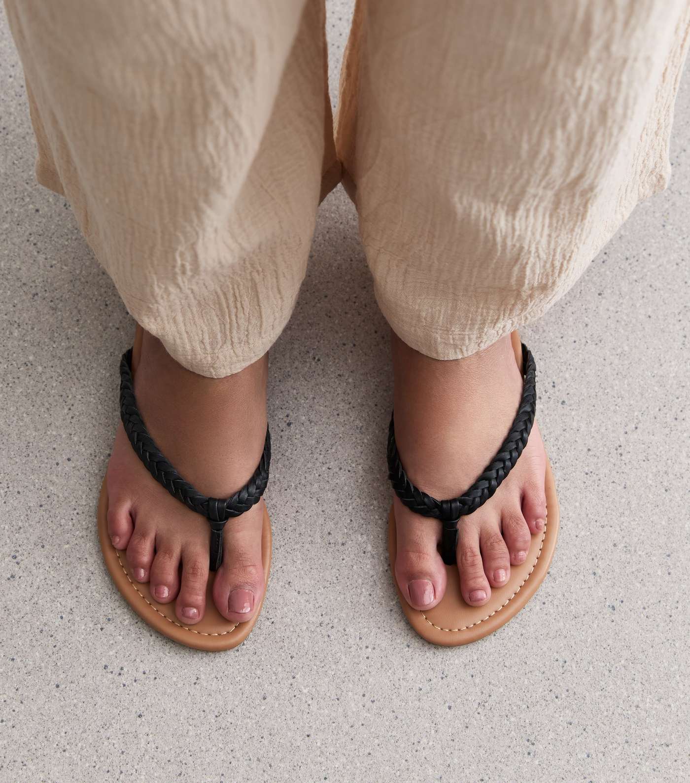 Black Leather-Look Plaited Toe Post Sandals Image 2