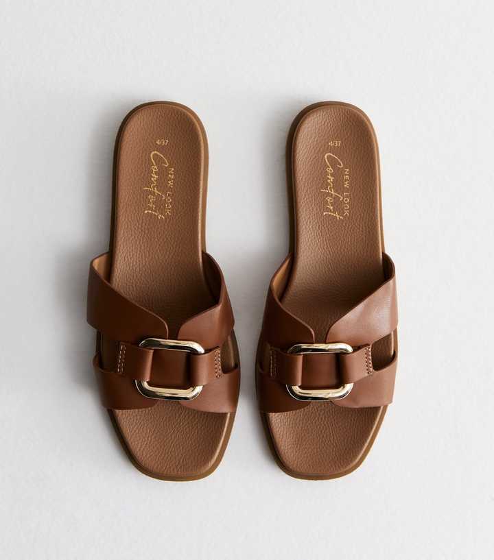 Tan Leather-Look Buckled Sliders