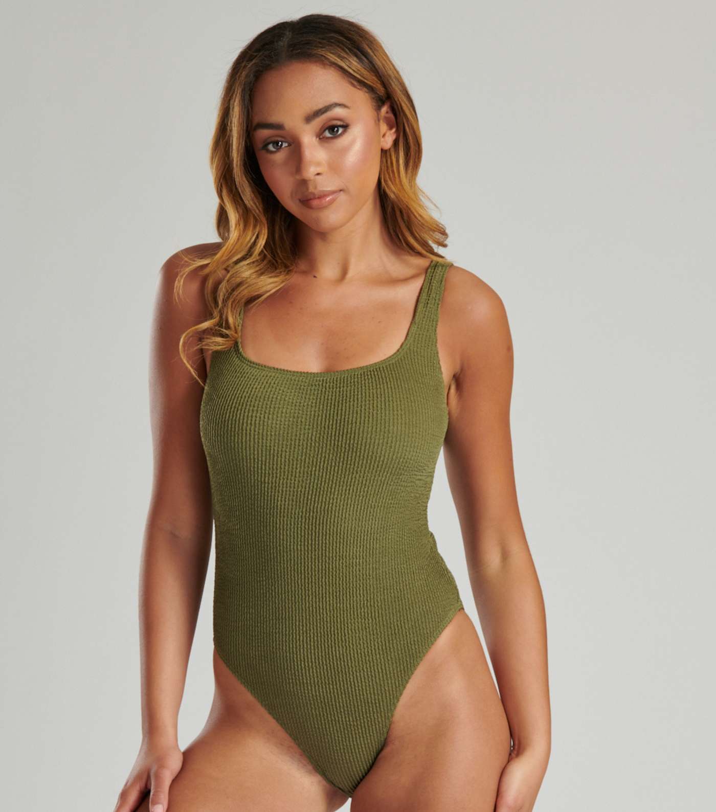 South Beach Khaki Textured Crinkle Swimsuit Image 3