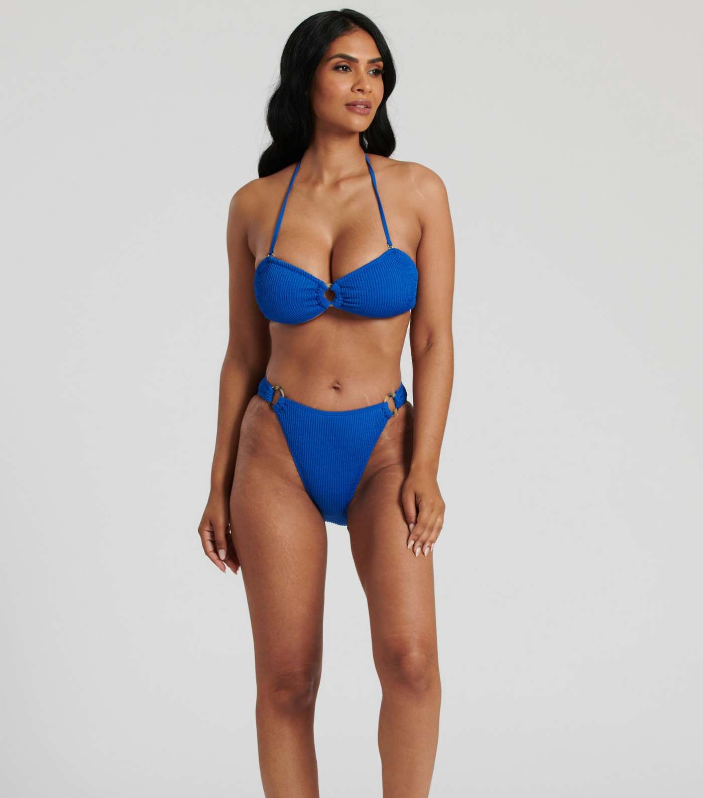 South Beach Bright Blue Textured Crinkle Bandeau Bikini Top Image 2